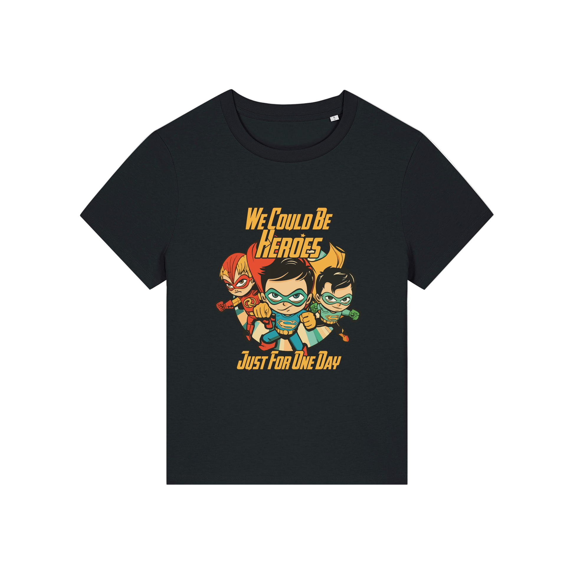 black music t-shirt with a graphic of three superheroes and the slogan 'we could ne heroes'