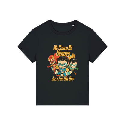 black music t-shirt with a graphic of three superheroes and the slogan 'we could ne heroes'