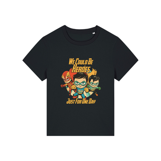 black music t-shirt with a graphic of three superheroes and the slogan 'we could ne heroes'