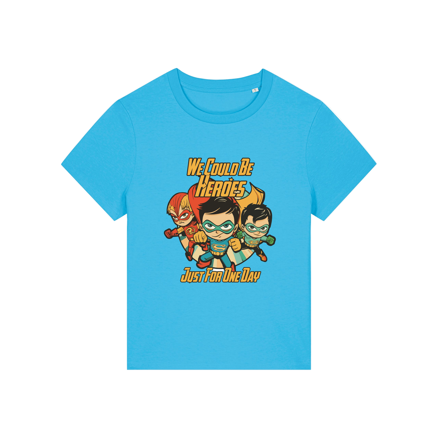 blue music t-shirt with a graphic of three superheroes and the slogan 'we could ne heroes'