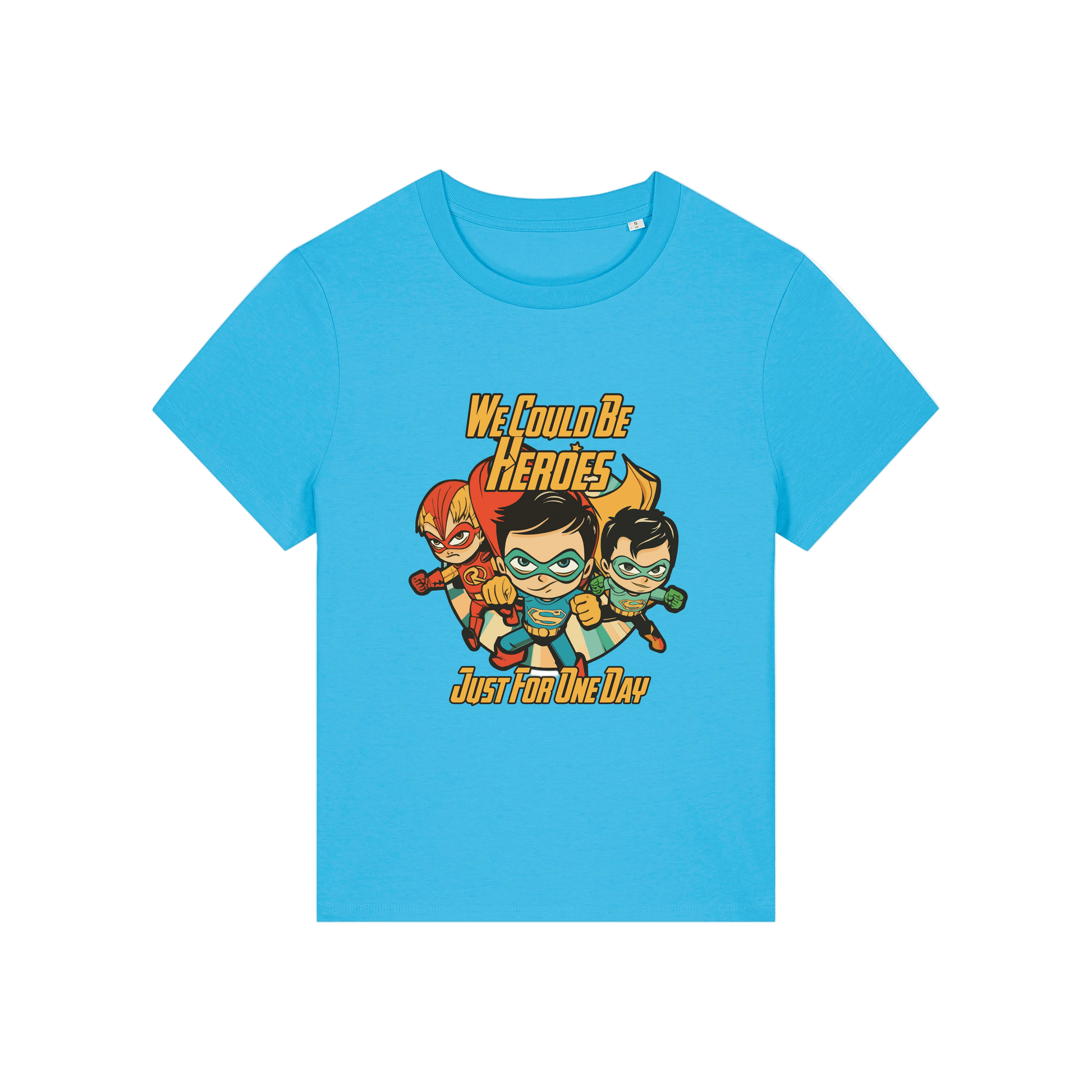 blue music t-shirt with a graphic of three superheroes and the slogan 'we could ne heroes'