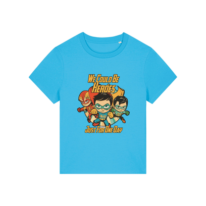 blue music t-shirt with a graphic of three superheroes and the slogan 'we could ne heroes'