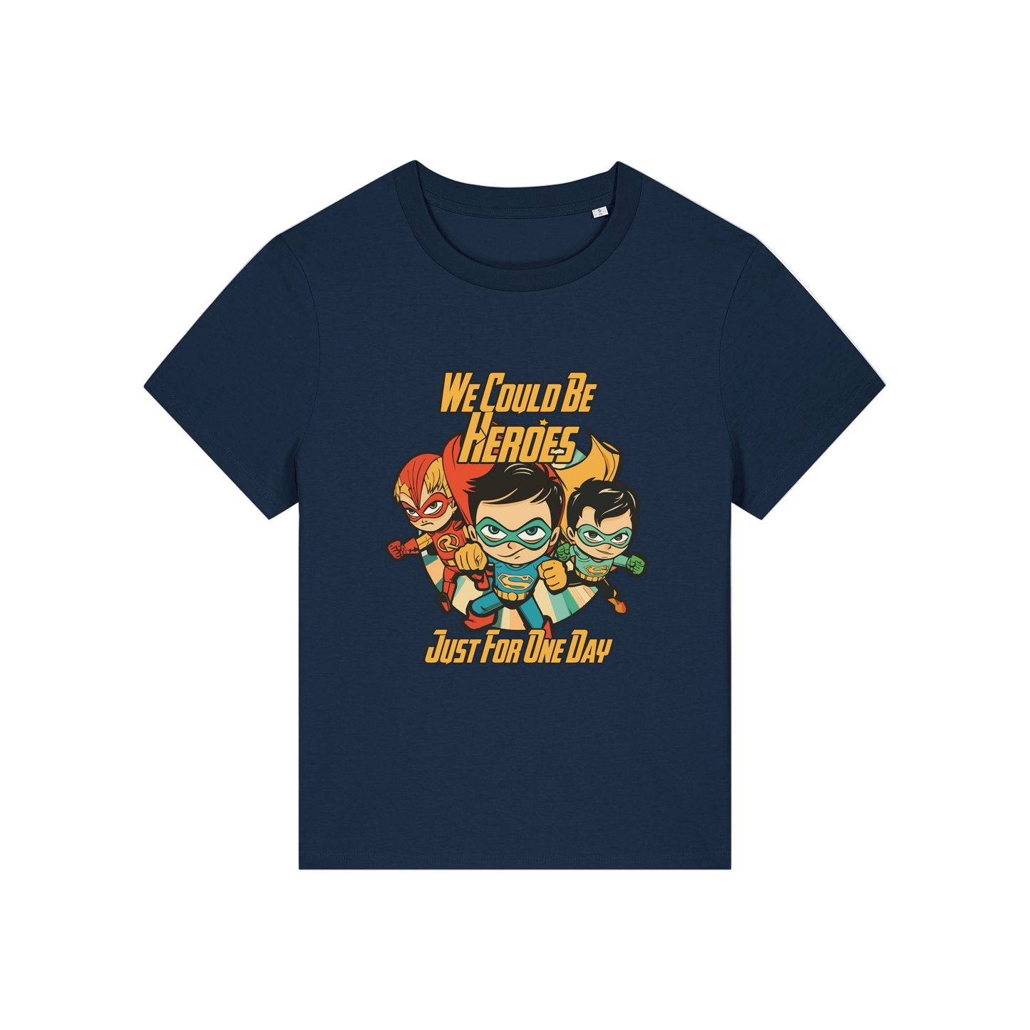 navy music t-shirt with a graphic of three superheroes and the slogan 'we could ne heroes'