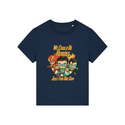 navy music t-shirt with a graphic of three superheroes and the slogan 'we could ne heroes'