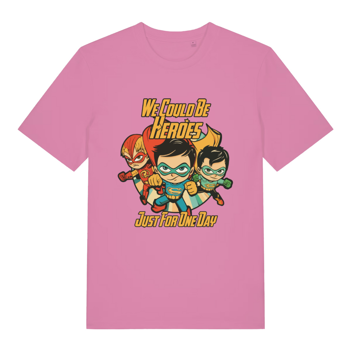pink women's music t-shirt with the graphic of three superheroes and the text 'we could be heroes just for one day'