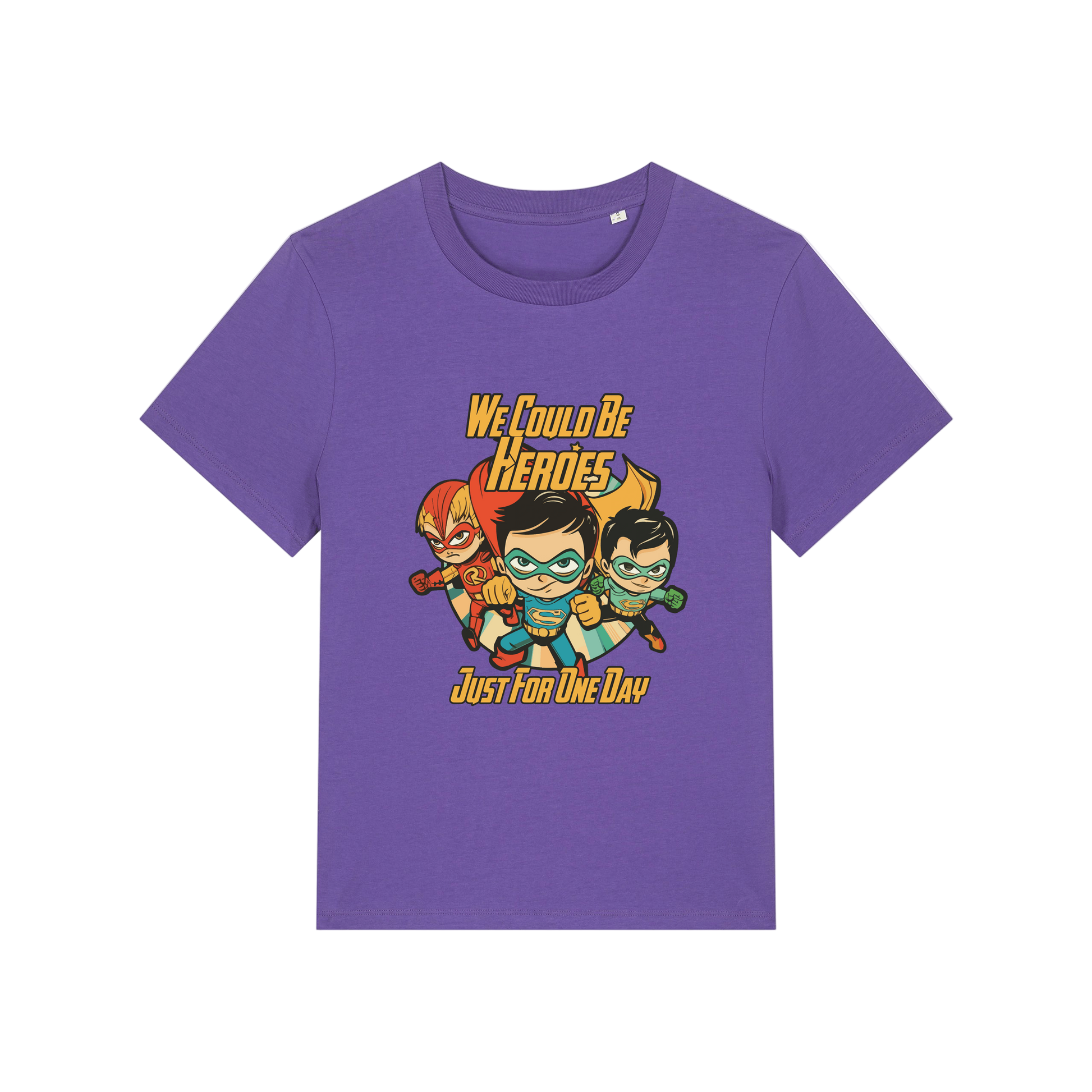 purple music t-shirt with a graphic of three superheroes and the slogan 'we could ne heroes'