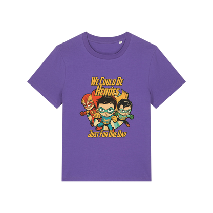 purple music t-shirt with a graphic of three superheroes and the slogan 'we could ne heroes'