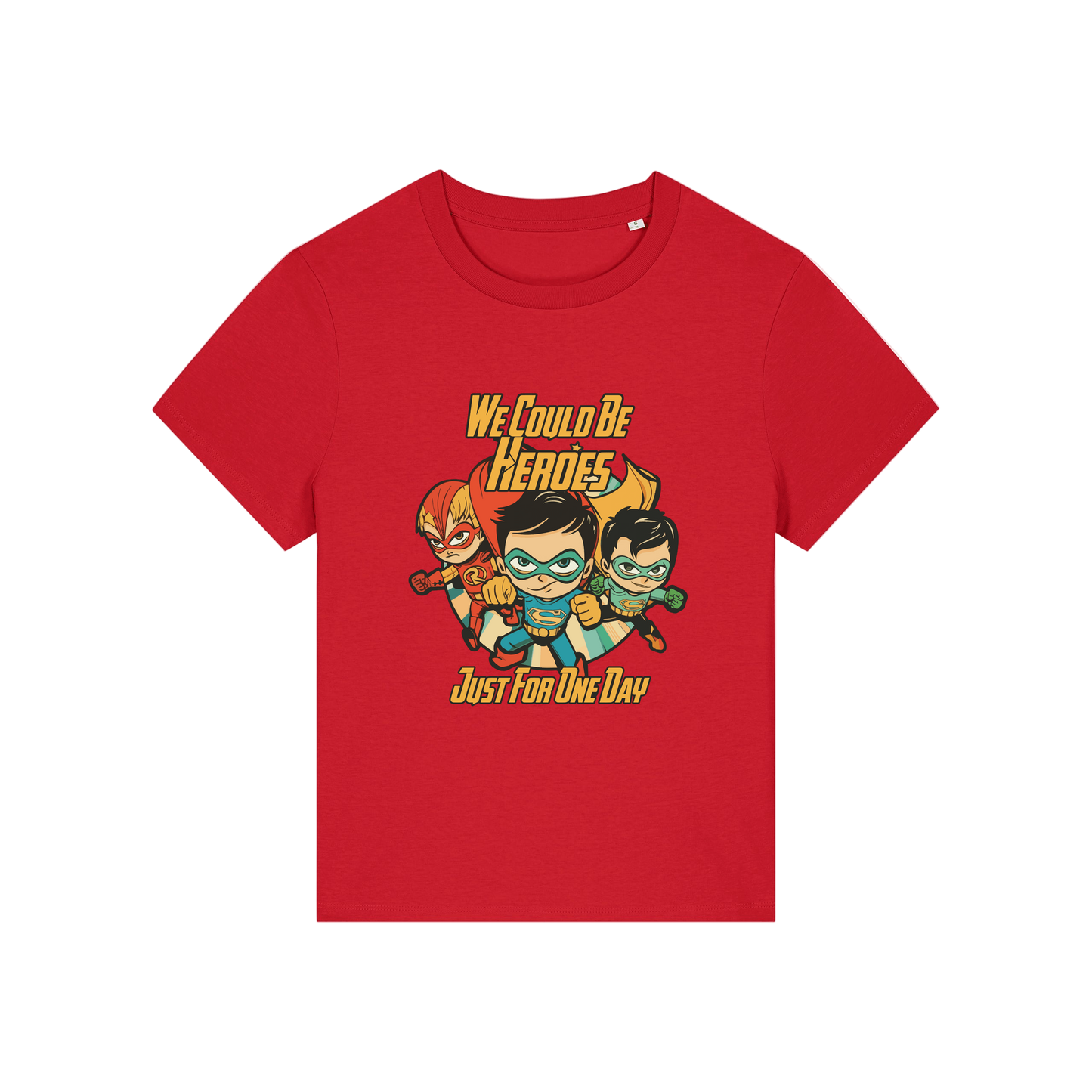 red music t-shirt with a graphic of three superheroes and the slogan 'we could ne heroes'