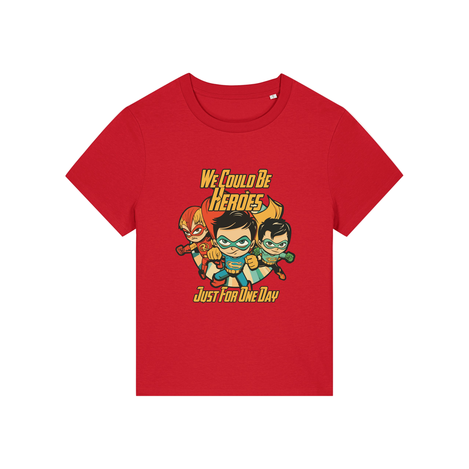 red music t-shirt with a graphic of three superheroes and the slogan 'we could ne heroes'