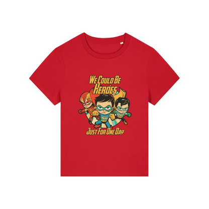 red music t-shirt with a graphic of three superheroes and the slogan 'we could ne heroes'