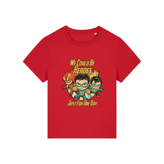 red music t-shirt with a graphic of three superheroes and the slogan 'we could ne heroes'