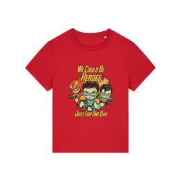 red music t-shirt with a graphic of three superheroes and the slogan 'we could ne heroes'