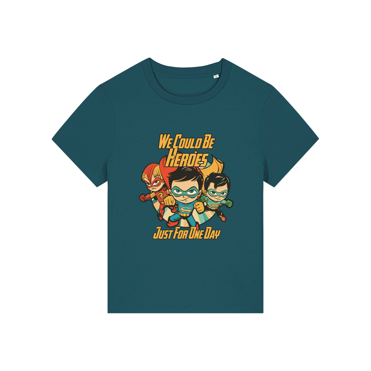 teal music t-shirt with a graphic of three superheroes and the slogan 'we could ne heroes'