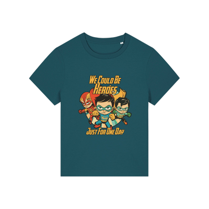 teal music t-shirt with a graphic of three superheroes and the slogan 'we could ne heroes'