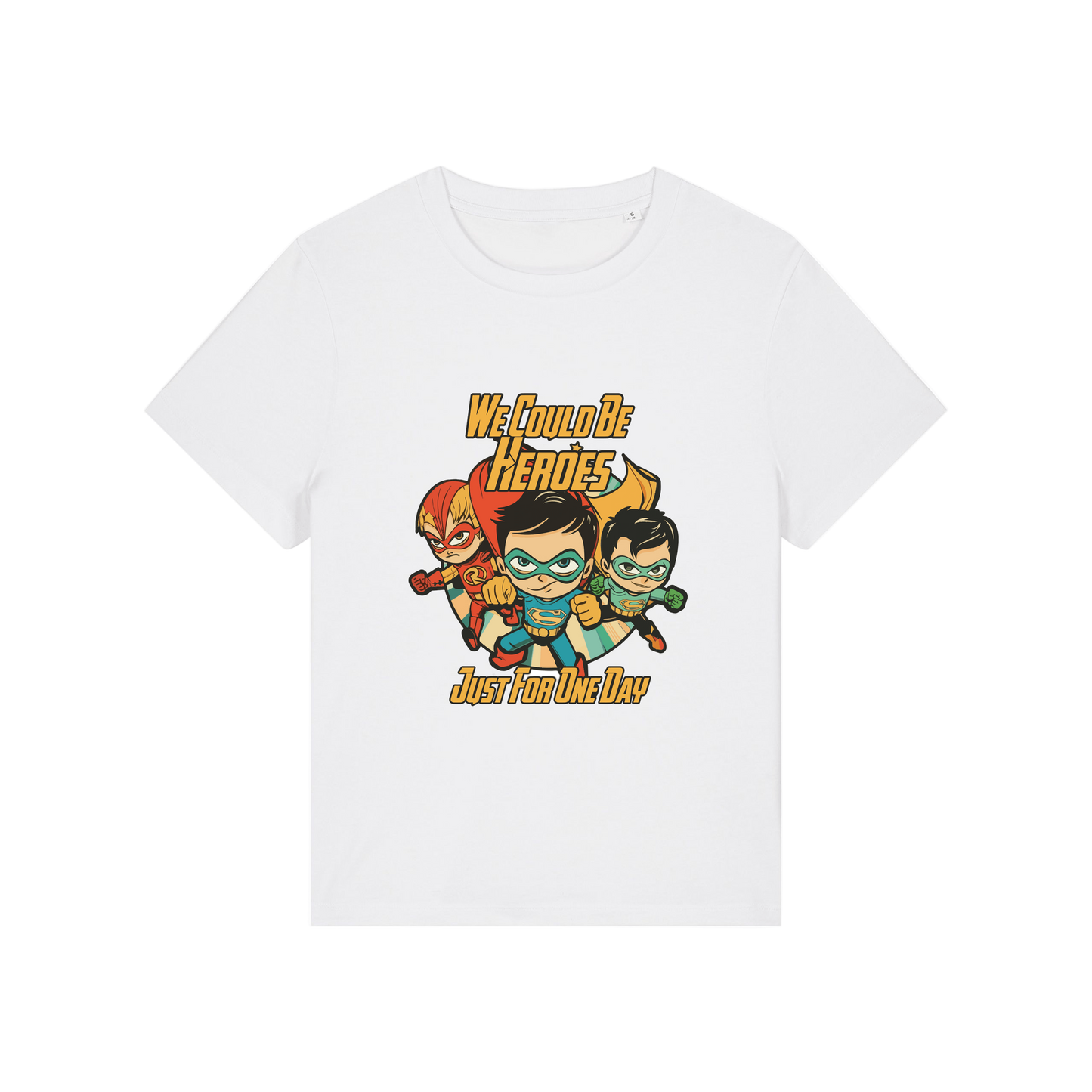white music t-shirt with a graphic of three superheroes and the slogan 'we could ne heroes'