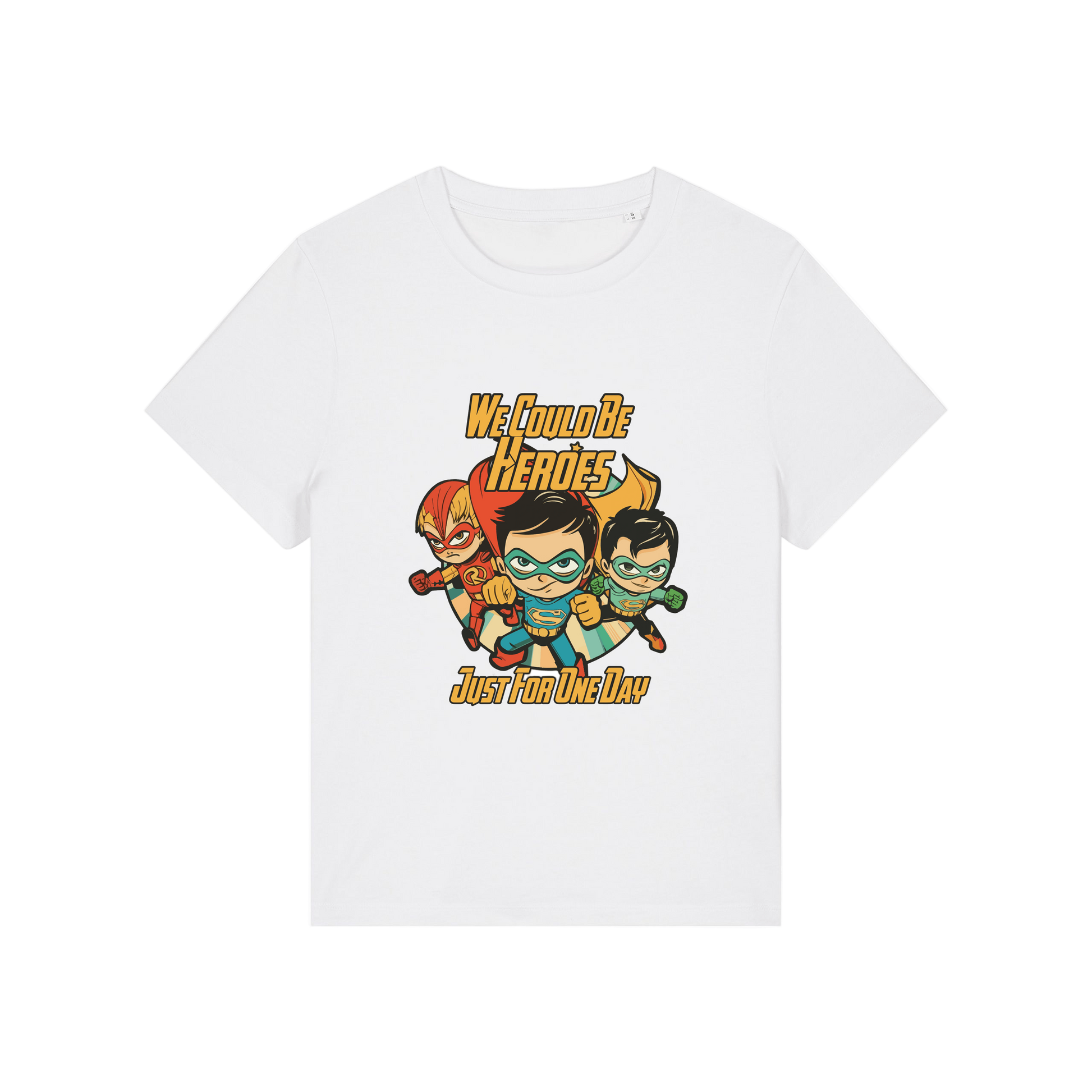 white music t-shirt with a graphic of three superheroes and the slogan 'we could ne heroes'