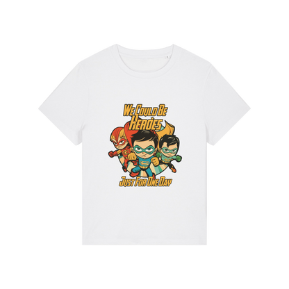 white music t-shirt with a graphic of three superheroes and the slogan 'we could ne heroes'