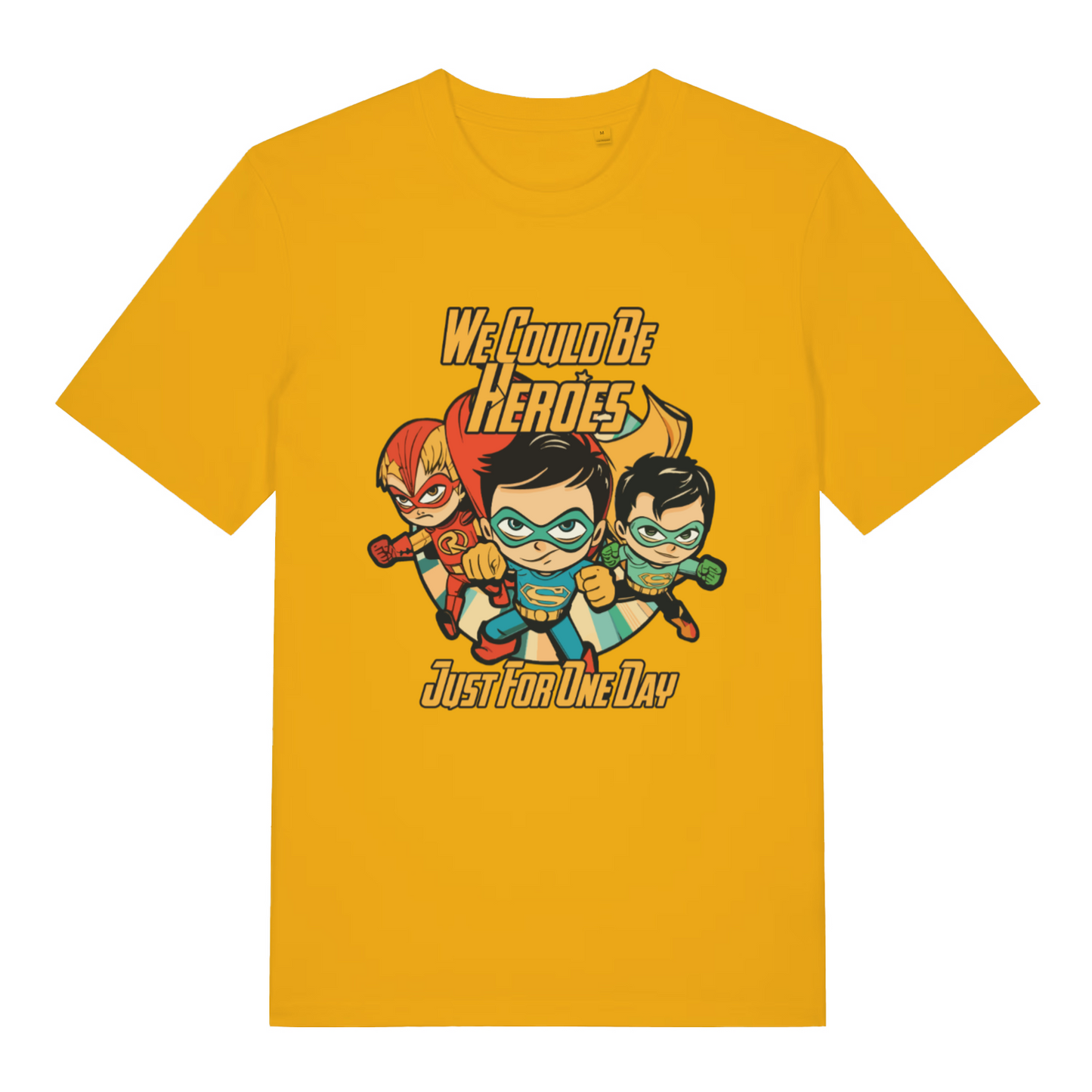 yellow women's music t-shirt with the graphic of three superheroes and the text 'we could be heroes just for one day'