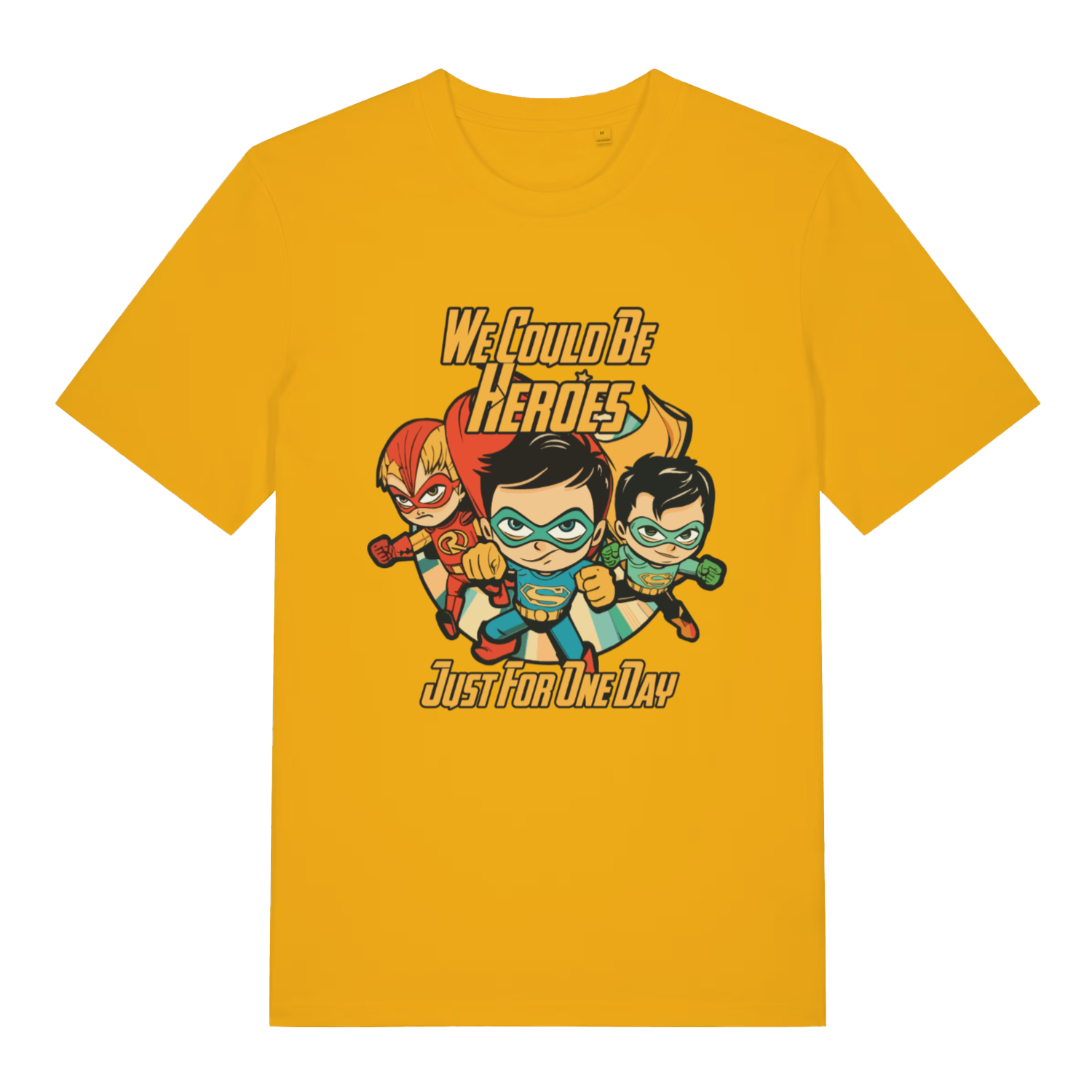 yellow women's music t-shirt with the graphic of three superheroes and the text 'we could be heroes just for one day'