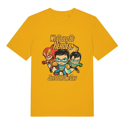 yellow women's music t-shirt with the graphic of three superheroes and the text 'we could be heroes just for one day'