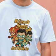White music inspired t-shirt with superhero design and text 'We Could Be Heroes Just For One Day' on a peach background