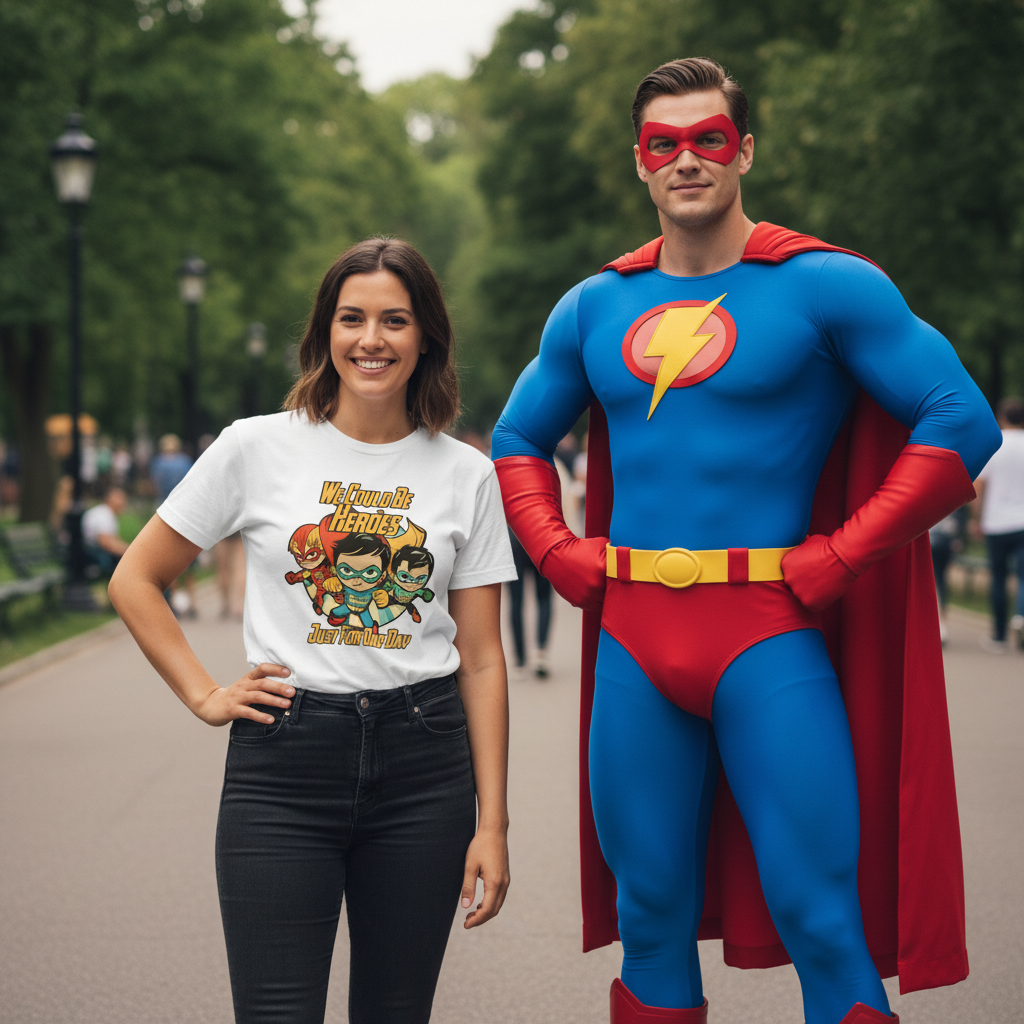 Man in superhero costume and woman in superhero-themed t-shirt standing outdoors.
