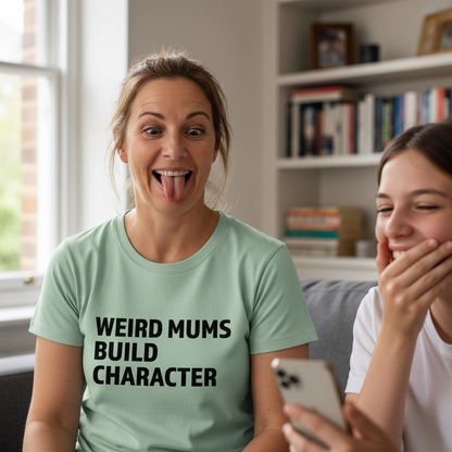 Two women sitting together, one wearing a 'WEIRD MUMS BUILD CHARACTER' t-shirt, in a home setting.