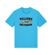 blue funny offensive t-shirt with the slogan 'welcome to the shitshow'