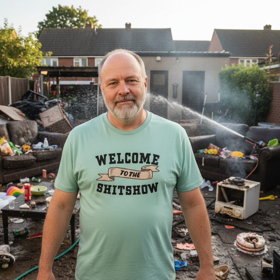 Man wearing a light green t-shirt with text standing in a messy outdoor area.
