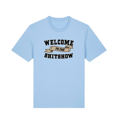 light blue funny offensive t-shirt with the slogan 'welcome to the shitshow'
