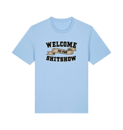light blue funny offensive t-shirt with the slogan 'welcome to the shitshow'