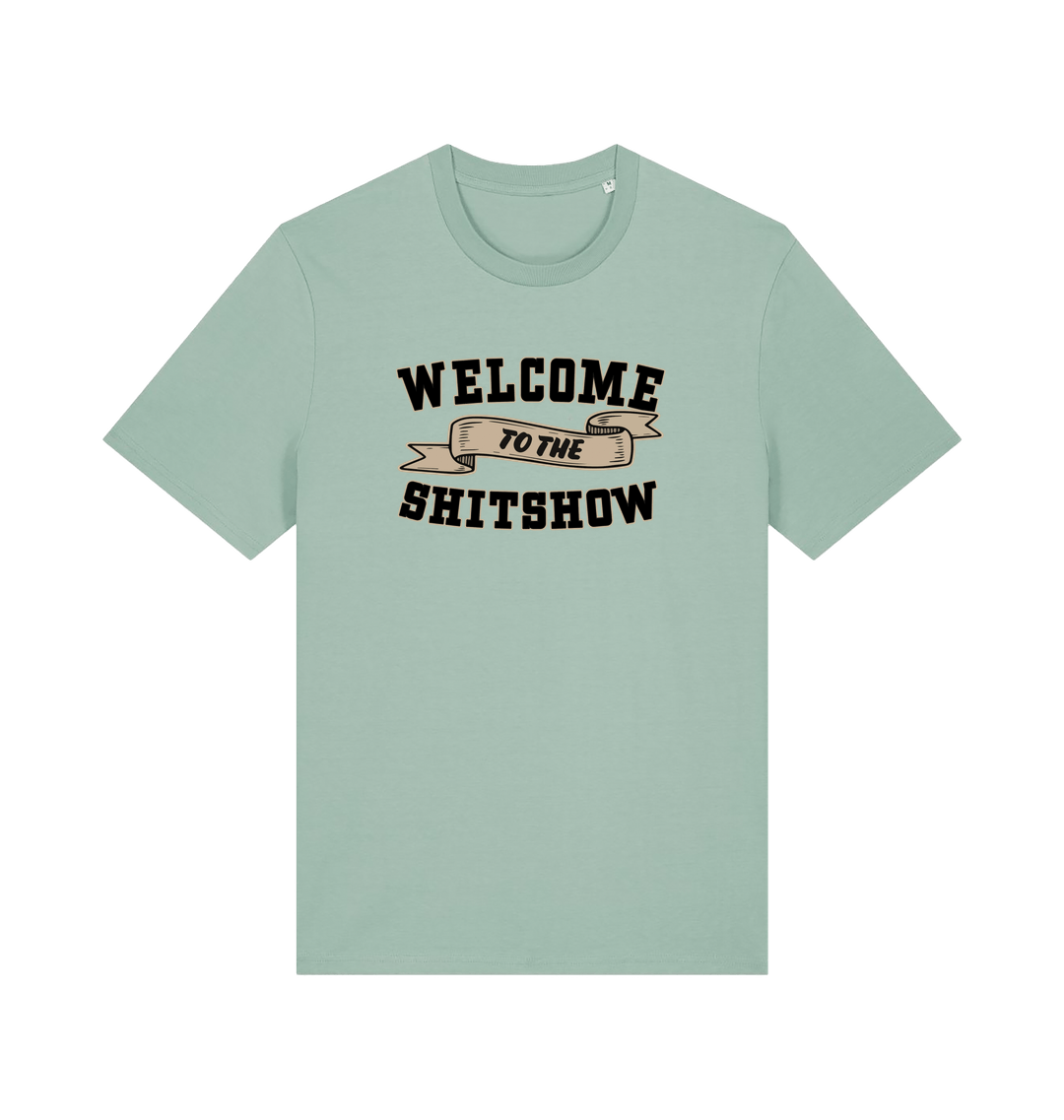 mint green funny offensive t-shirt with the slogan 'welcome to the shitshow'
