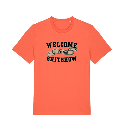 orange funny offensive t-shirt with the slogan 'welcome to the shitshow'