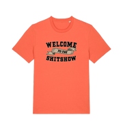 orange funny offensive t-shirt with the slogan 'welcome to the shitshow'