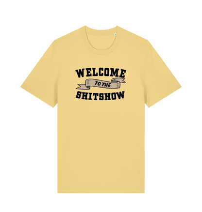 yellow funny offensive t-shirt with the slogan 'welcome to the shitshow'