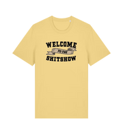 yellow funny offensive t-shirt with the slogan 'welcome to the shitshow'
