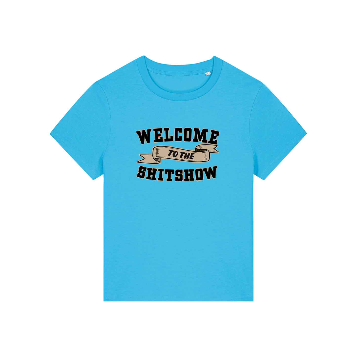 blue sarcastic t-shirt with the slogan 'welcome to the shitshow'