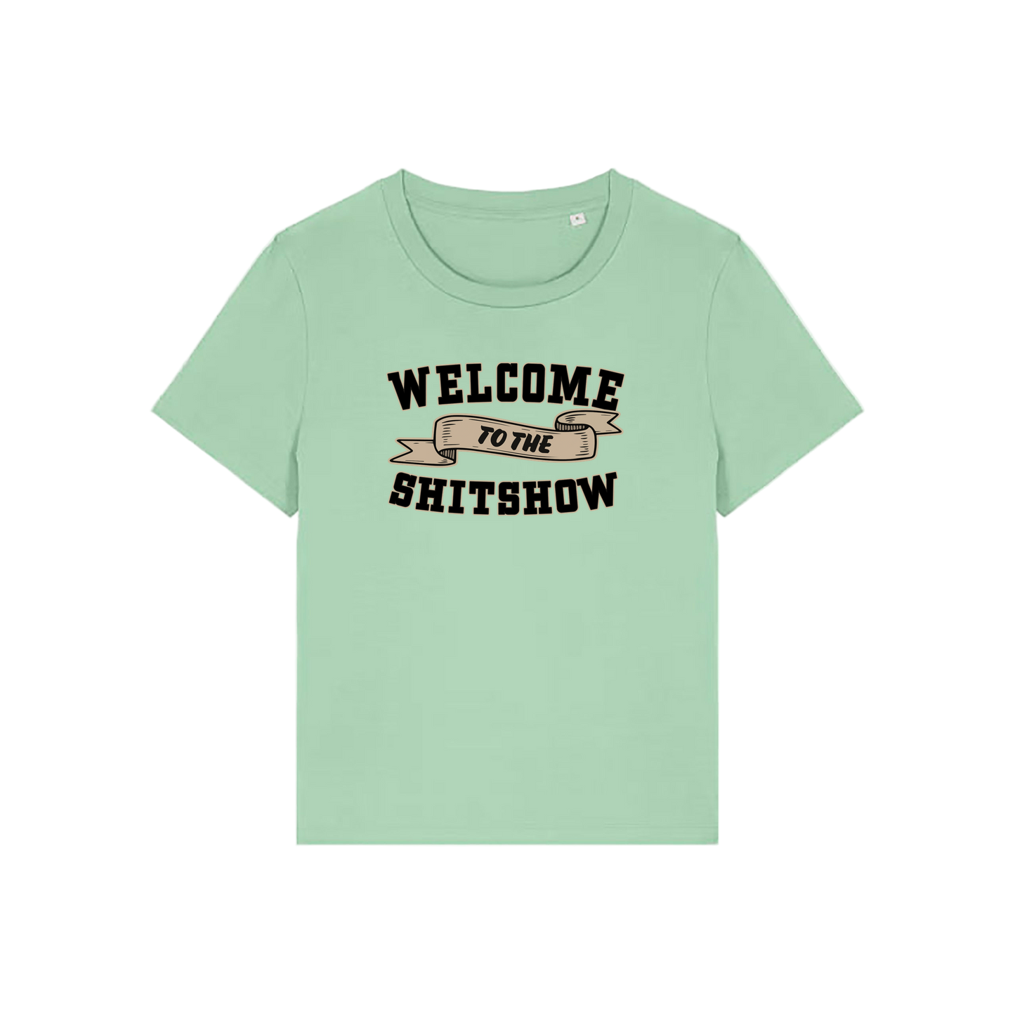 green sarcastic t-shirt with the slogan 'welcome to the shitshow'