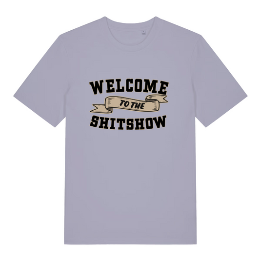 lavender women's sarcastic t-shirt with the slogan 'welcome to the shitshow'
