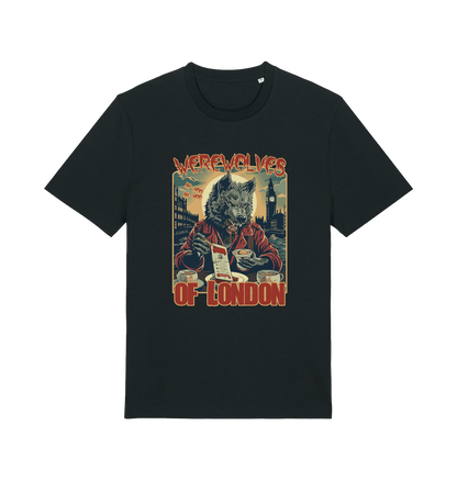 black music t-shirt with the graphic of a werewolf reading a book and the slogan 'werewolves of london'