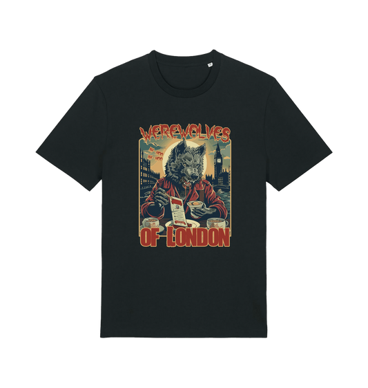 black music t-shirt with the graphic of a werewolf reading a book and the slogan 'werewolves of london'