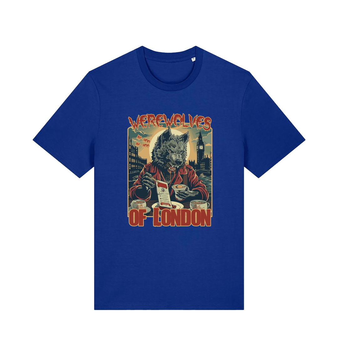 blue music t-shirt with the graphic of a werewolf reading a book and the slogan 'werewolves of london'