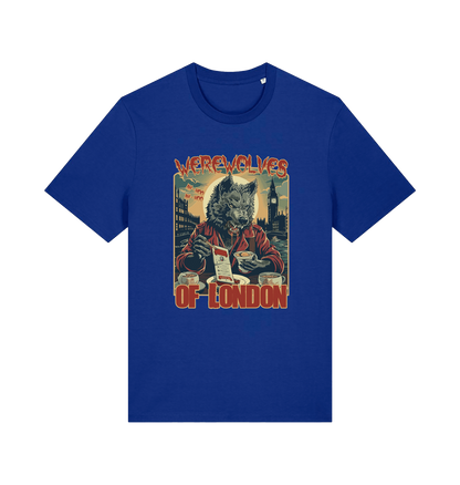 blue music t-shirt with the graphic of a werewolf reading a book and the slogan 'werewolves of london'