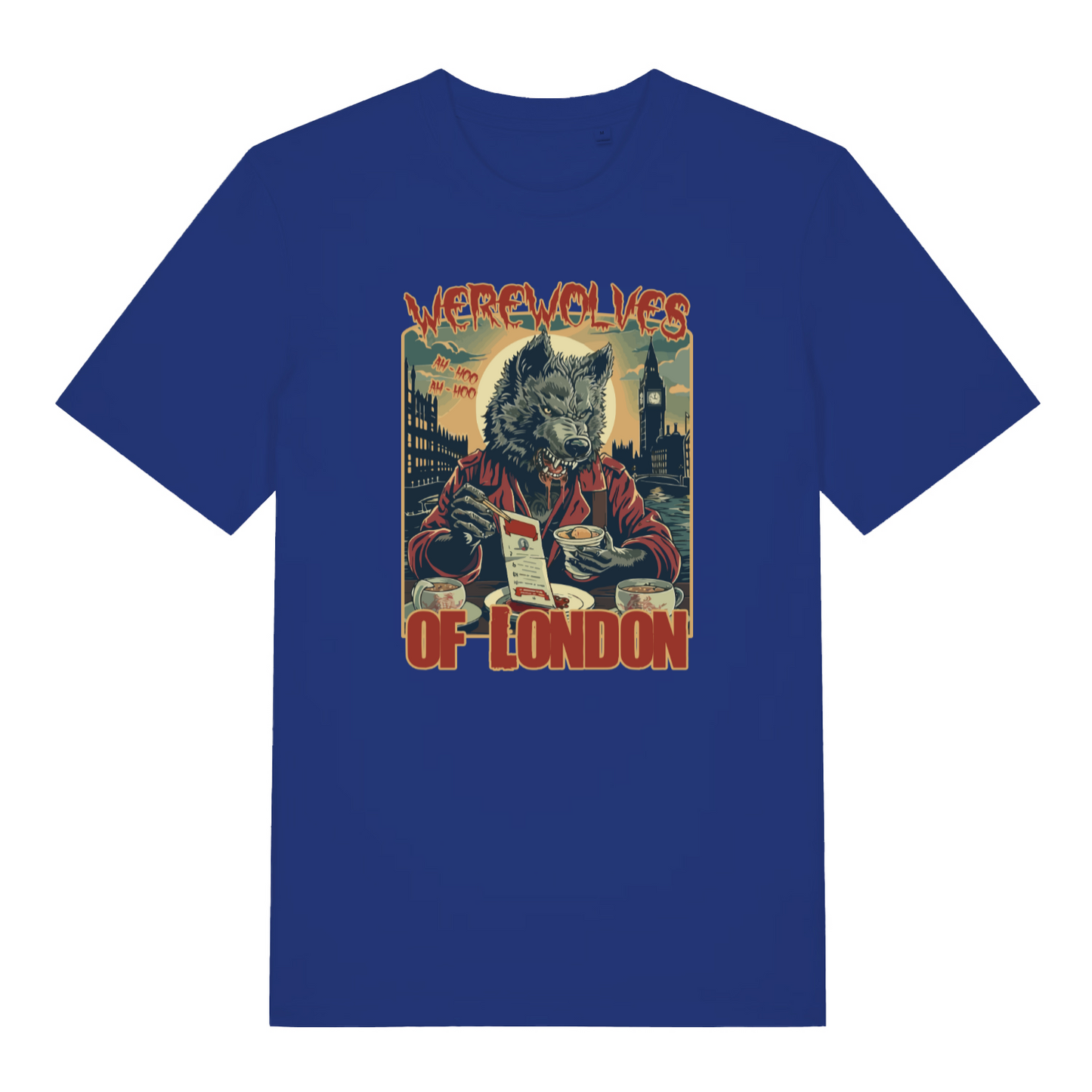 blue music t-shirt with a graphic of a werewolf reading a newspaper titled 'Werewolves of London'.
