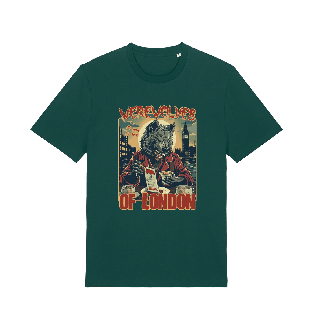 green music t-shirt with the graphic of a werewolf reading a book and the slogan 'werewolves of london'
