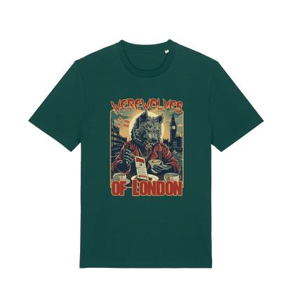 green music t-shirt with the graphic of a werewolf reading a book and the slogan 'werewolves of london'