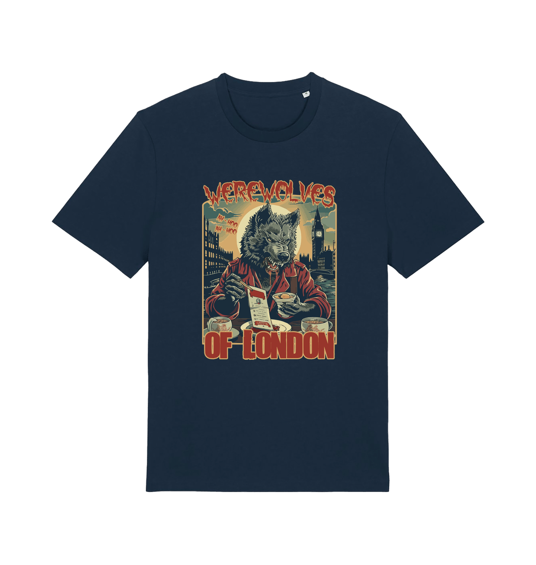 navy music t-shirt with the graphic of a werewolf reading a book and the slogan 'werewolves of london'