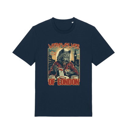 navy music t-shirt with the graphic of a werewolf reading a book and the slogan 'werewolves of london'