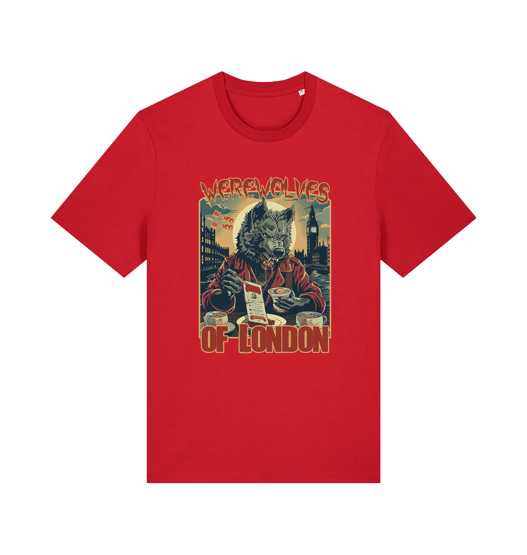 red music t-shirt with the graphic of a werewolf reading a book and the slogan 'werewolves of london'