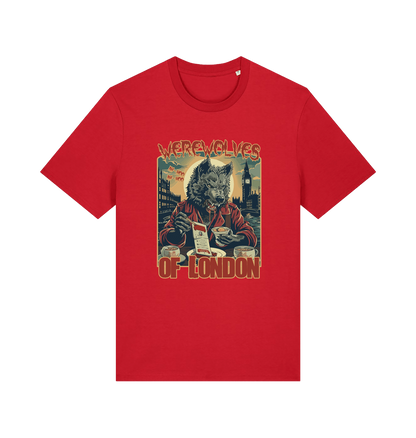 red music t-shirt with the graphic of a werewolf reading a book and the slogan 'werewolves of london'